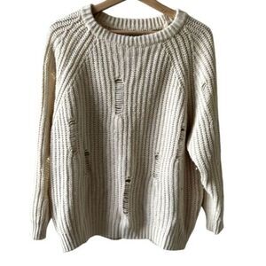 Bishop + Young cream crew neck sweater with decorative distress, size small